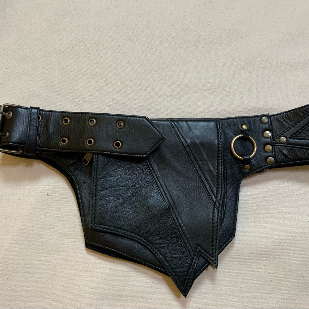Earth Cultured Black Leather Festival & Utility Belt Bag with Brass Accents